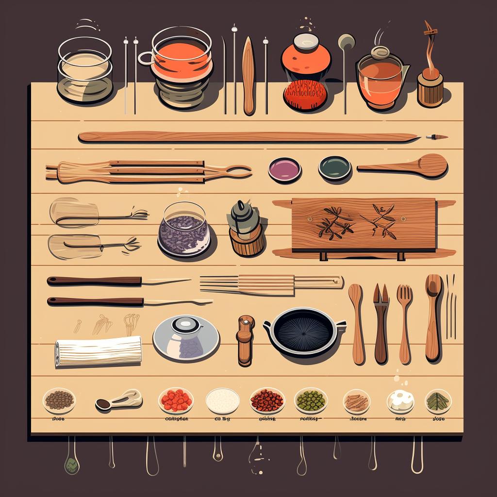 A table with all the ingredients and tools needed for making Nag Champa incense.
