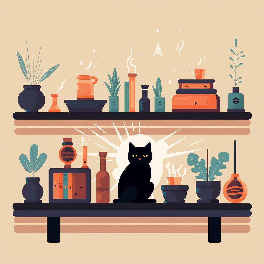 A high shelf with incense and burners, out of reach of a curious cat