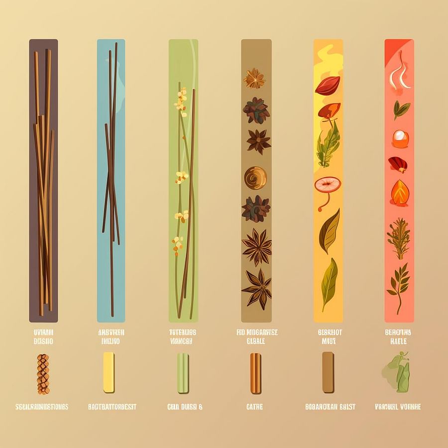 Assorted incense types with labels indicating their benefits
