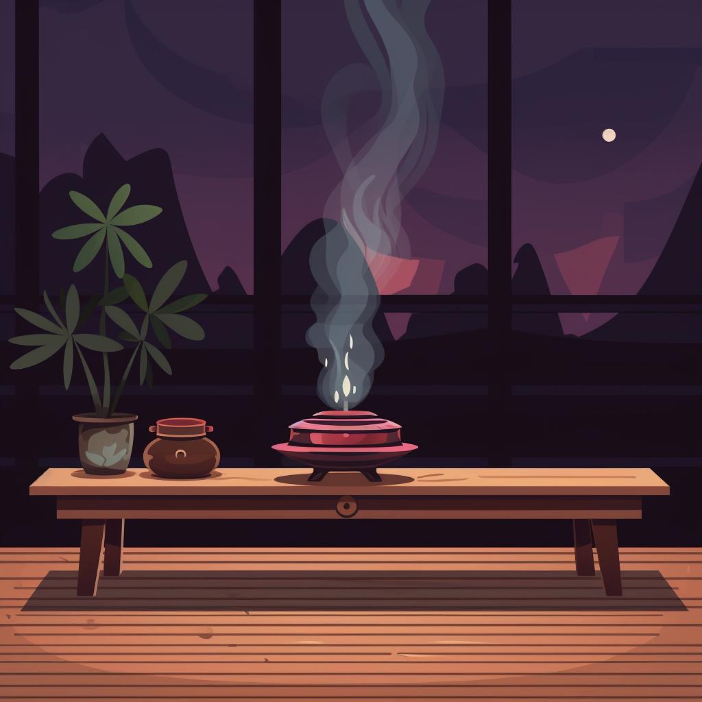 A backflow incense burner placed on a flat wooden table in a serene setting.
