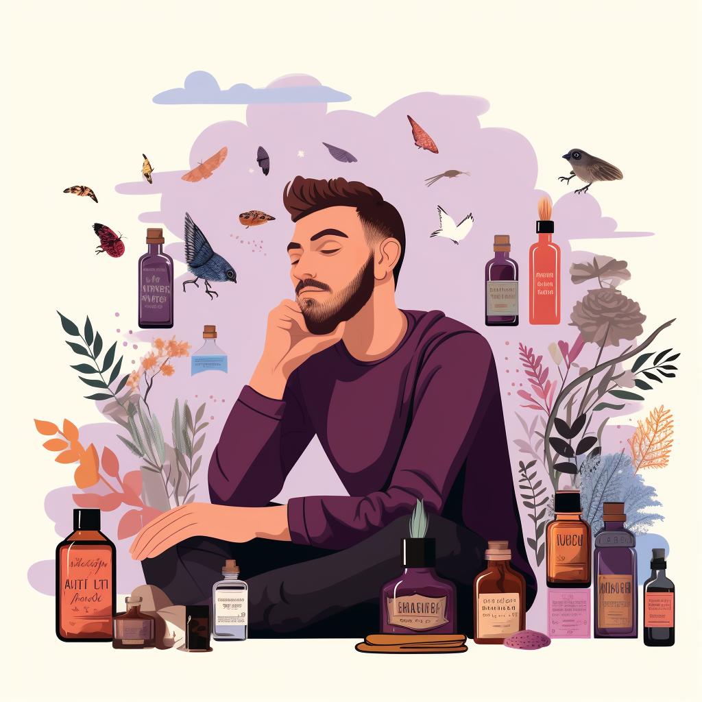 A person deep in thought surrounded by various scents