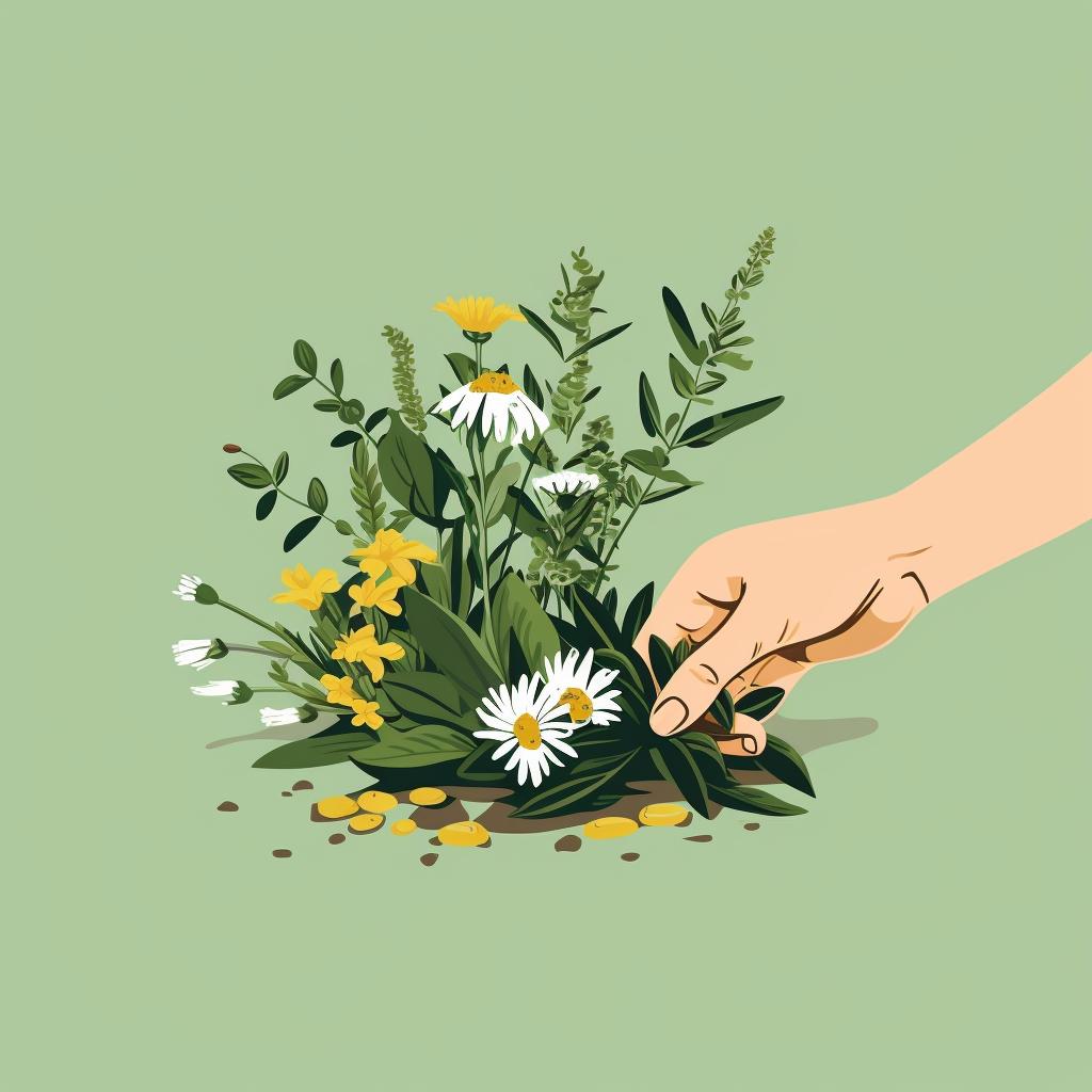 Hand picking a herb from a selection of chamomile, peppermint, and sage.