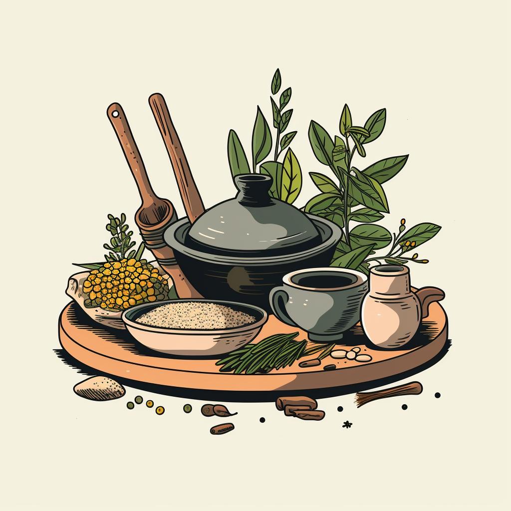 A collection of herbs, mortar and pestle, charcoal discs, a fireproof dish, and a lighter arranged neatly on a table.