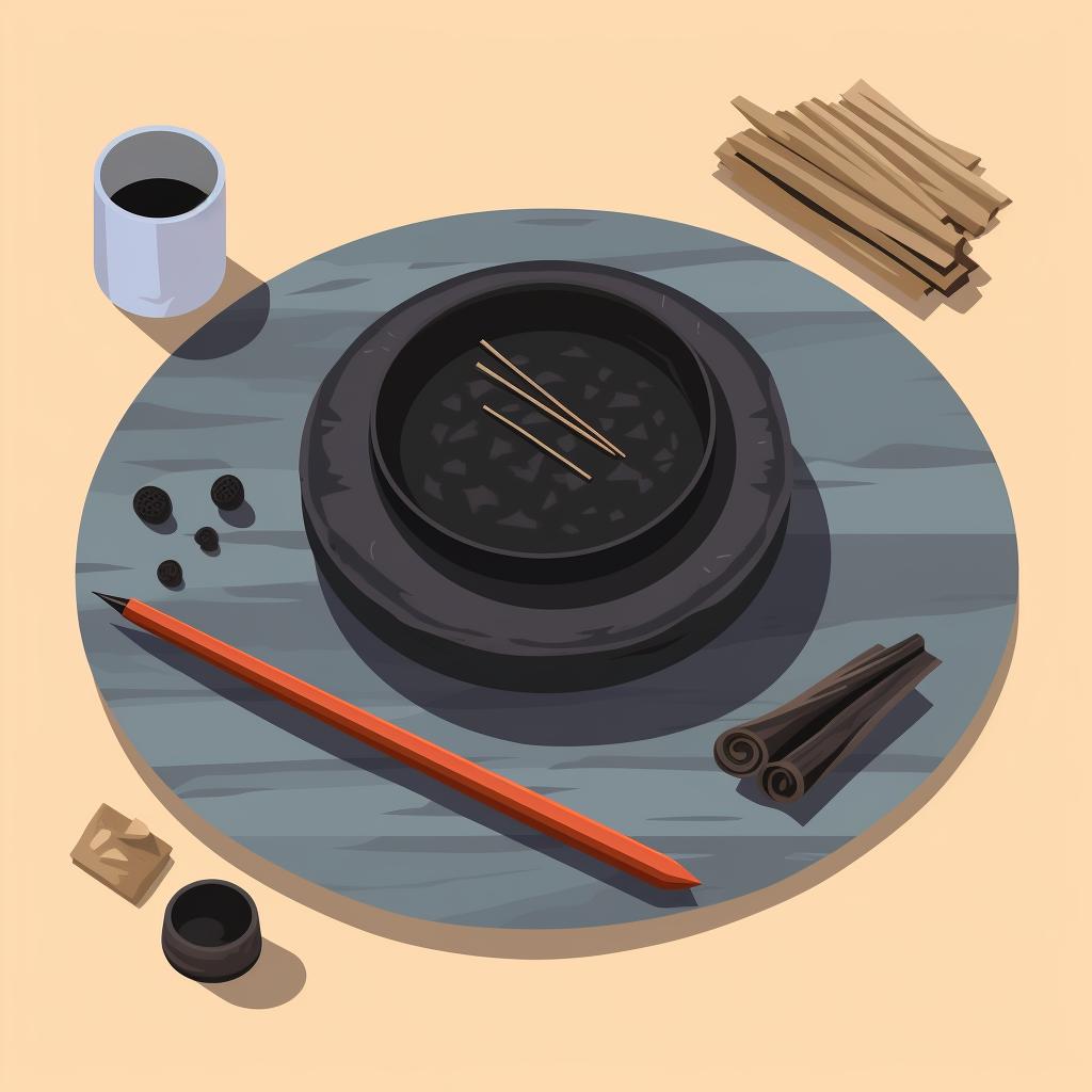Charcoal disc, resin incense, charcoal burner, and tweezers on a table