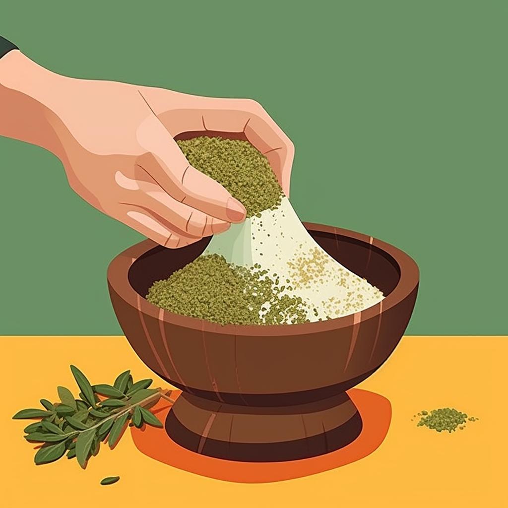 Hands using a mortar and pestle to grind herbs into a fine powder.