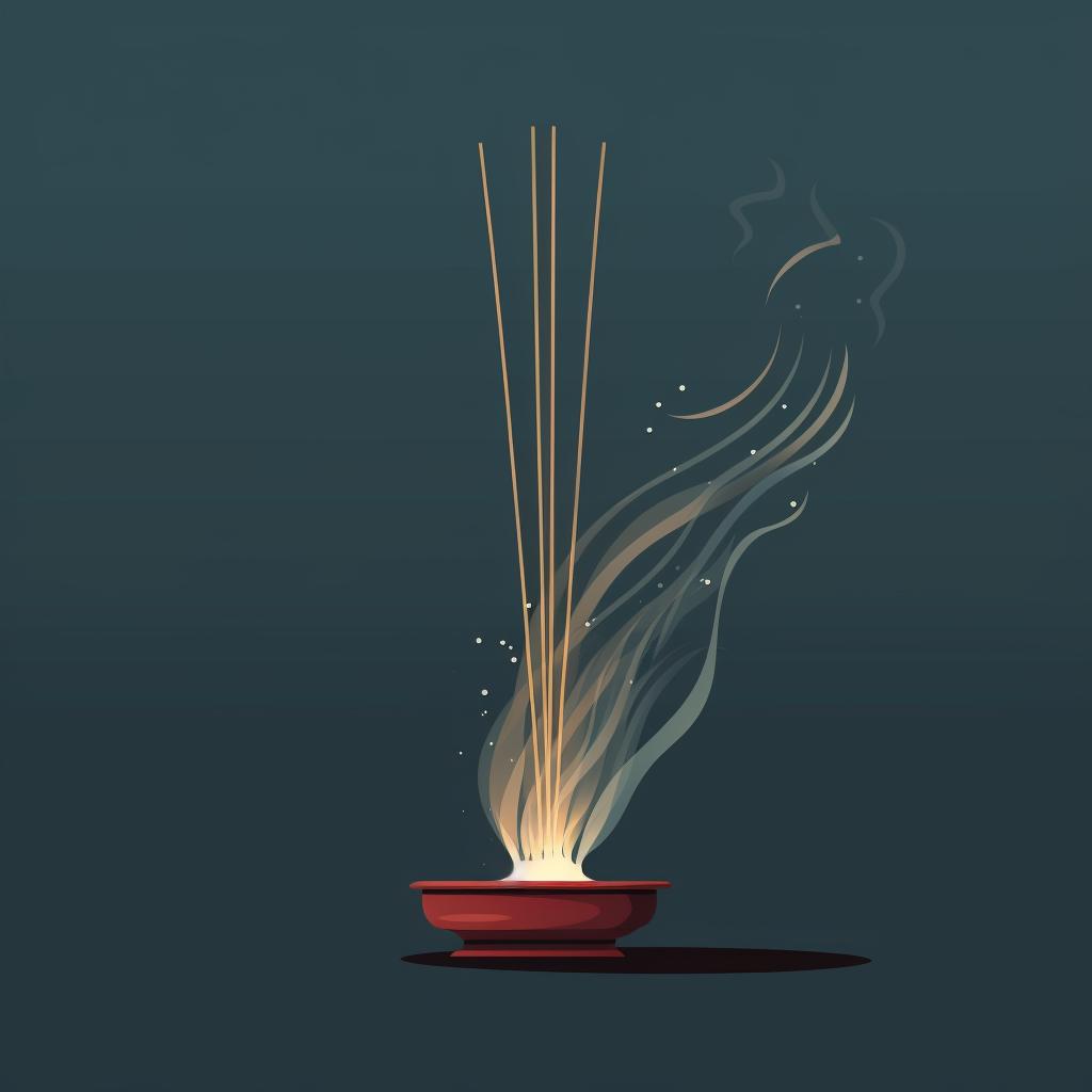 A lit incense stick with smoke wafting from it.