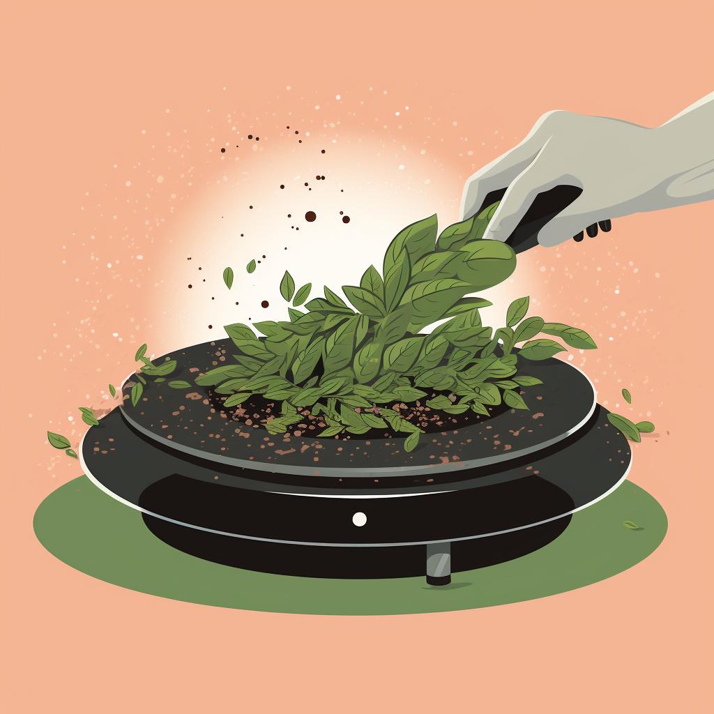Ground herbs being sprinkled onto a lit charcoal disc.