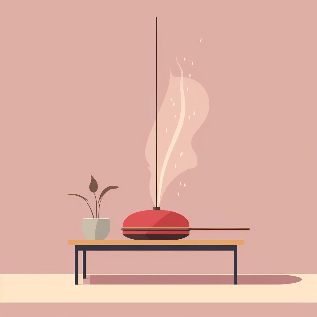 A lit incense stick with smoke wafting in a calm yoga space.