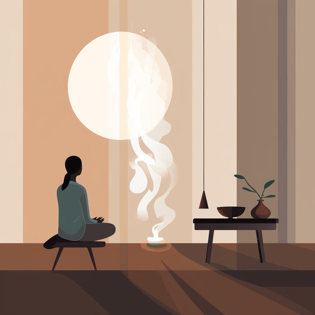 Person sitting in a room filled with incense smoke