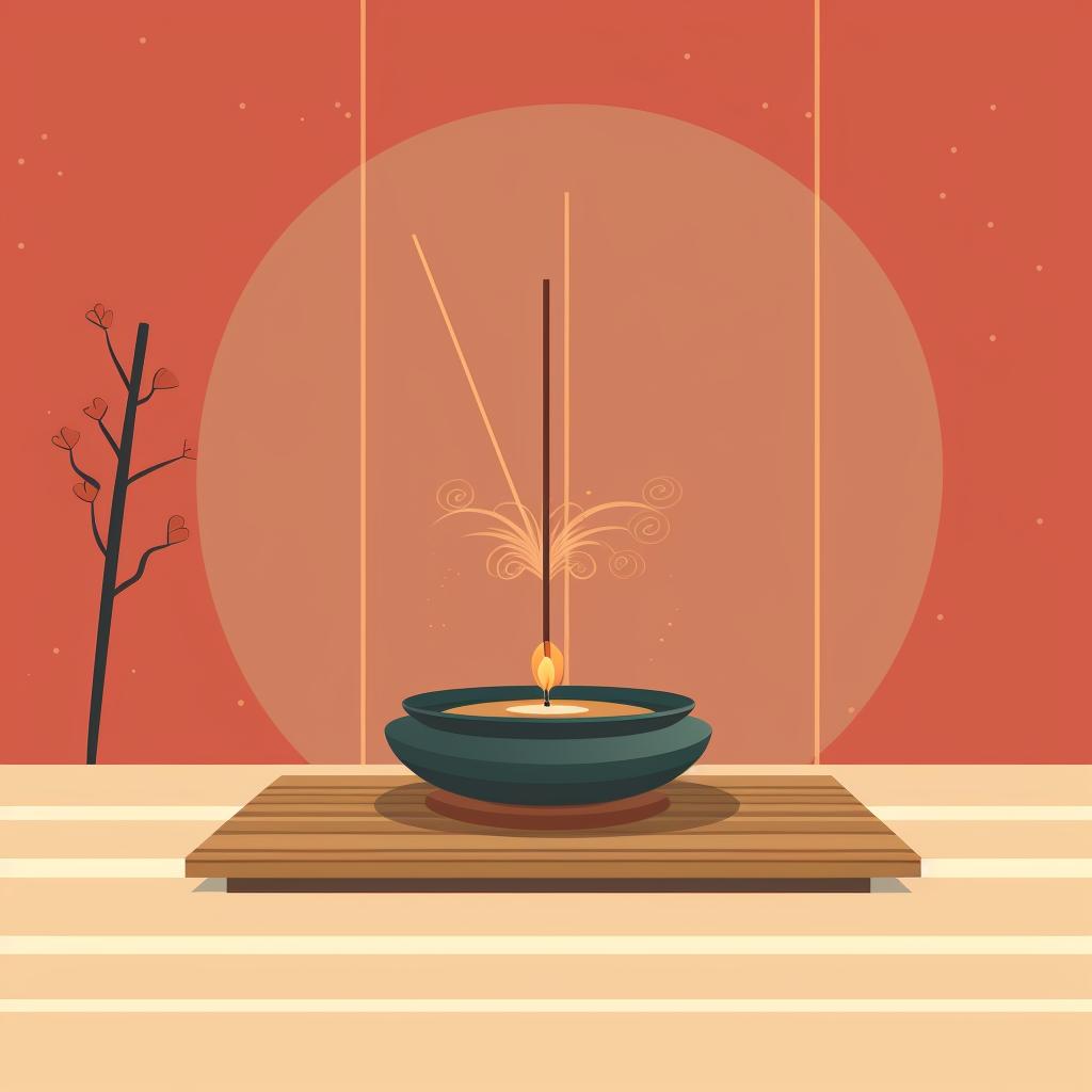 An incense stick safely positioned in an incense holder in a yoga room.