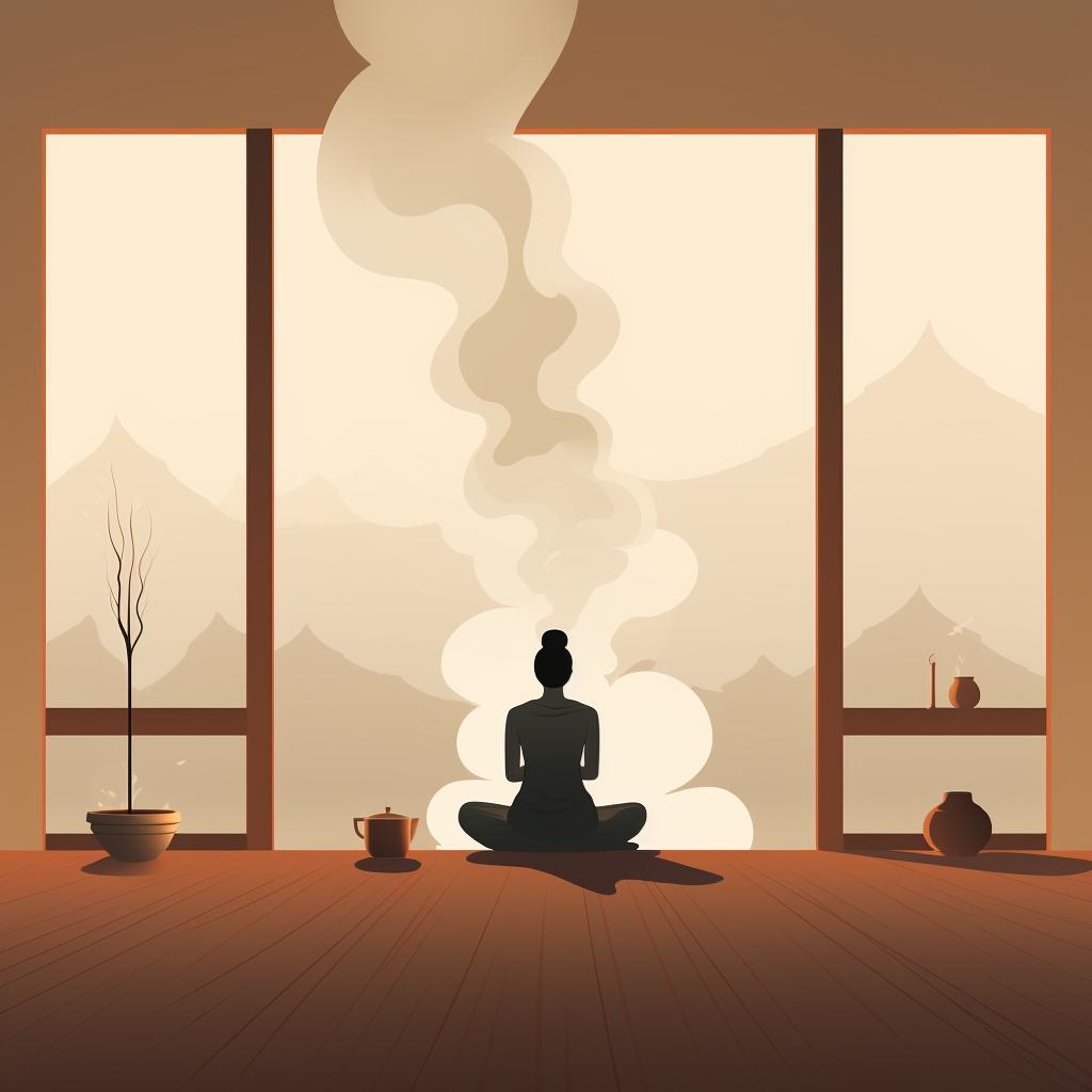 A person practicing yoga in a room filled with incense smoke.