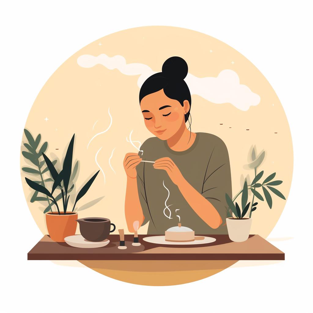 Person drinking herbal tea or breathing in incense smoke
