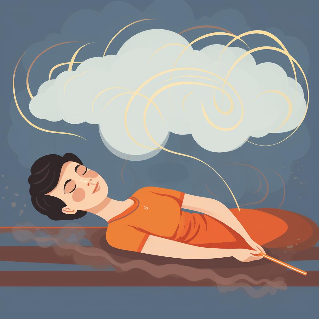 A person in savasana pose with incense smoke gently wafting in the background.